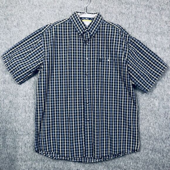 George Strait Shirt Mens L Wrangler Plaid Button Up S/SLV Blue Black Cotton Logo - Picture 1 of 7